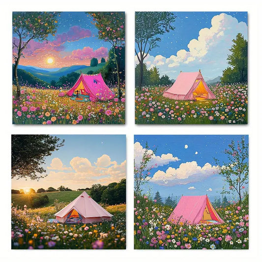 4pcs  Tent Cat Nigh Themed Elegant TE  Wall Art Canvas Framed