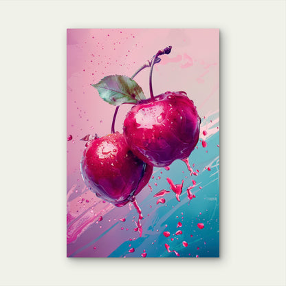 Vibrant Illustration of Cherries with Water Droplets 60x90cm Metal Print Ready to Hang