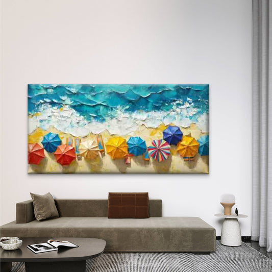 Ocean Waves & Colorful Umbrella Wall Art Canvas Office Home Room Framed 120x60cm