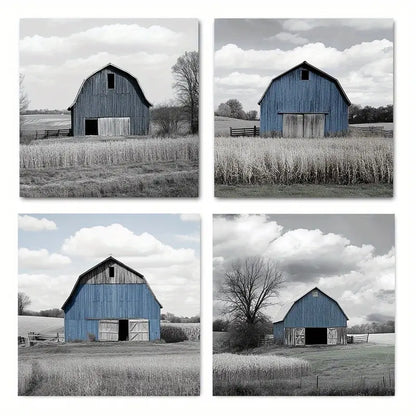 4pcs Vintage Blue Barn Canvas Wall Art Canvas Framed