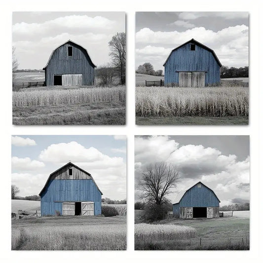 4pcs Vintage Blue Barn Canvas Wall Art Canvas Framed