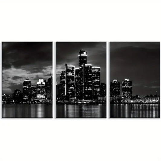 3pcs Beautiful Detroit Skyline Black & White Canva Metal Print Ready to Hang Art