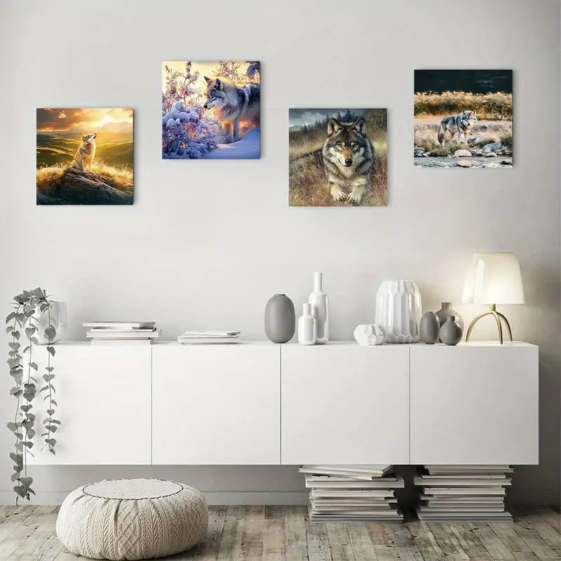 4pcs Wolf In Natur Elegant Wall Art Canvas Framed