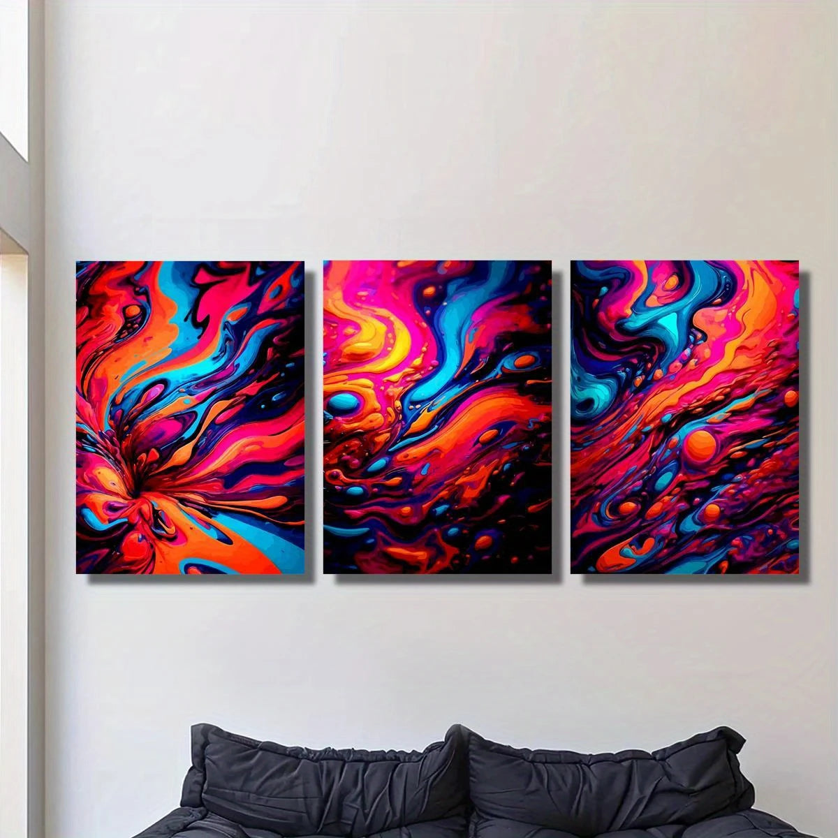 3pcs Abstract Fluid Vibrant Blue Red Classic Design Metal Print Ready to Hang Art