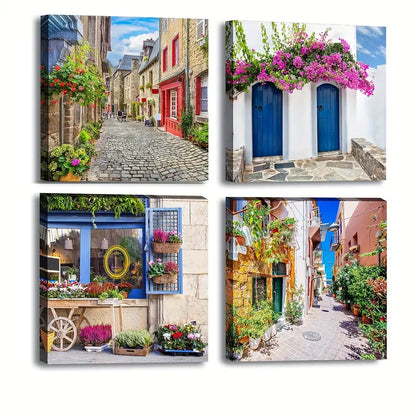 4pcs Colorful European Townscape Wall Art Canvas Framed