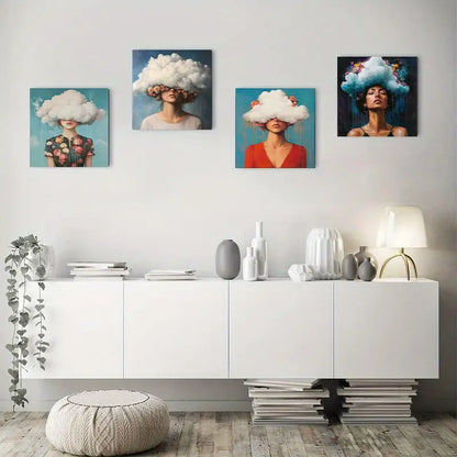 4pcs Abstract Vintage Floral Cloud Design, Fashi Wall Art Canvas Framed