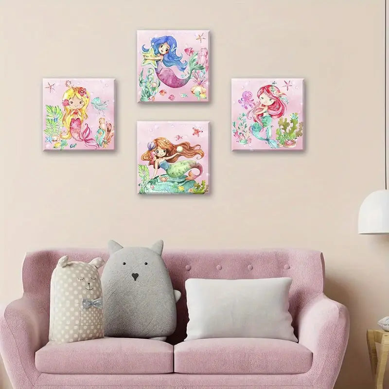 4pcs Watercolor Cute Pink Mermaid Pictures Wall Art Canvas Framed