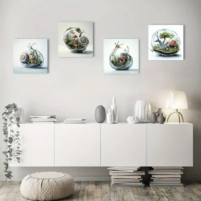 4pcs Crystal Snail Shell Vibrant Miniature Ecosys Wall Art Canvas Framed