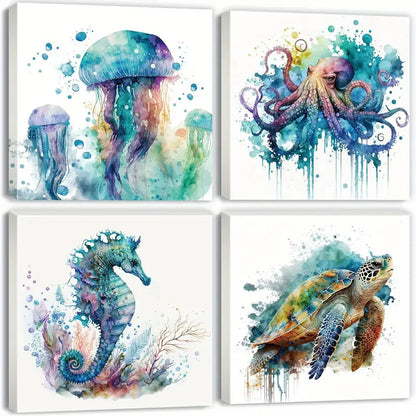 4pcs Octopus, Seahorse, Turtle & Jellyfish - Vib  Wall Art Canvas Framed