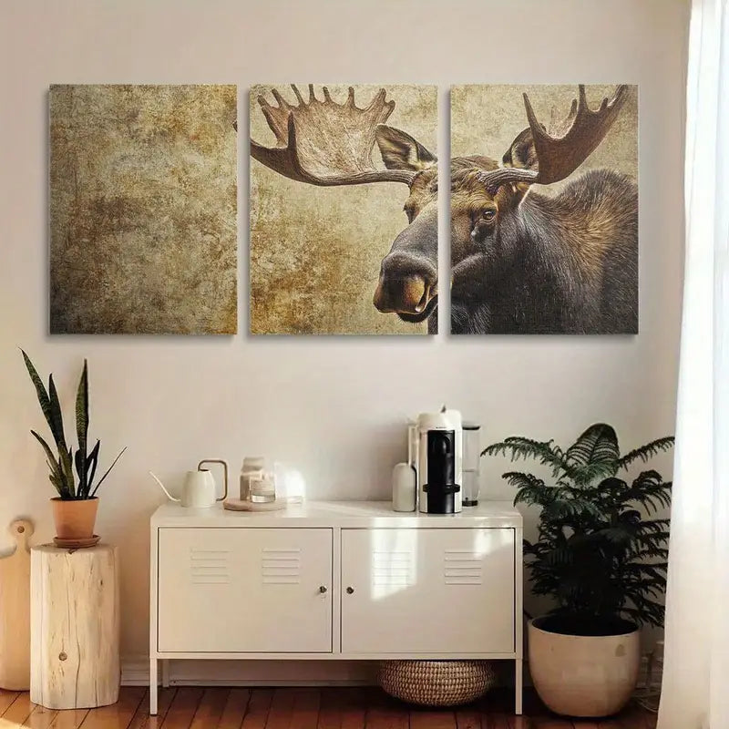 3pcs Close-Up of an Elegant Moose Face with Antlers Metal Print Ready to Hang Art