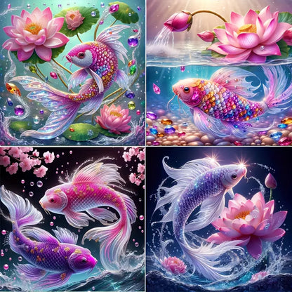 4pcs Lotus Carp Wall Art Canvas Framed