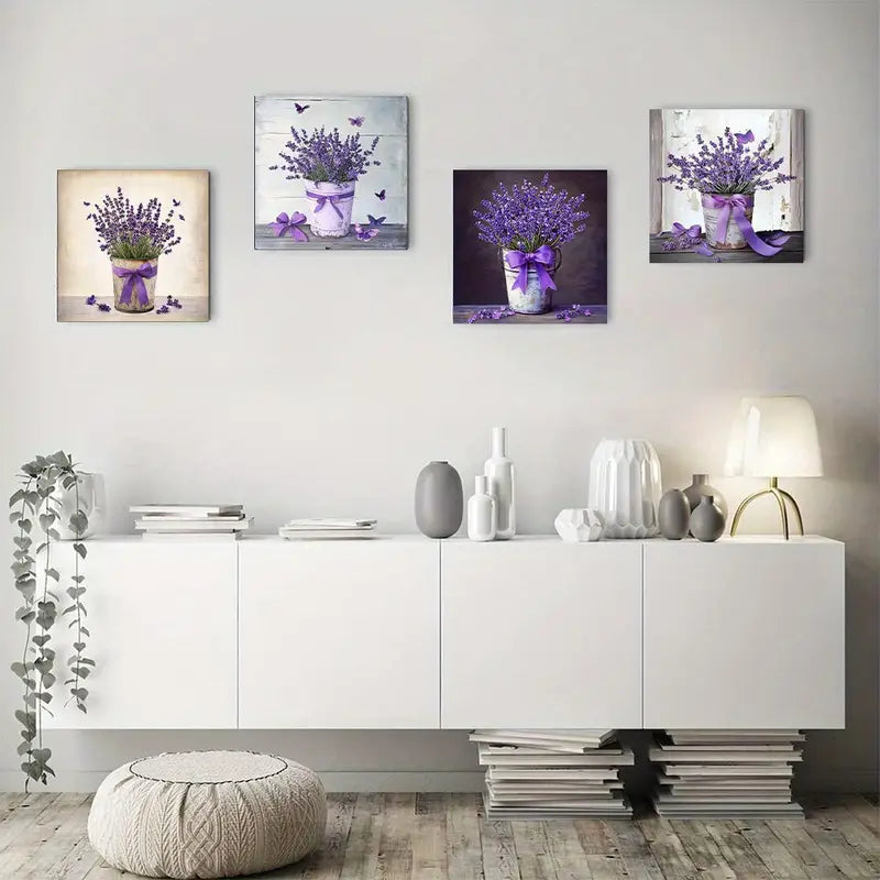 4pcs Lavender Purple Floral And Butterfly Wall Art Canvas Framed