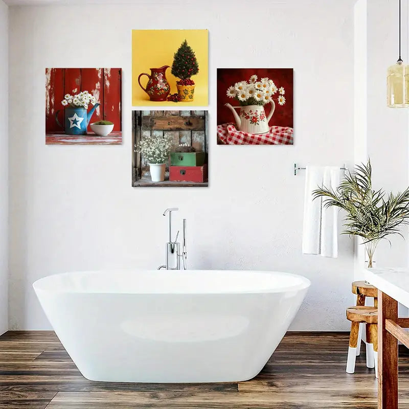 4pcs Rustic Flower With Windows & Doors Wall Art Canvas Framed