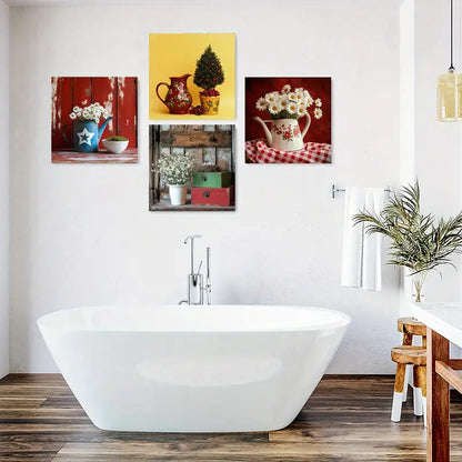 4pcs Rustic Flower With Windows & Doors Wall Art Canvas Framed