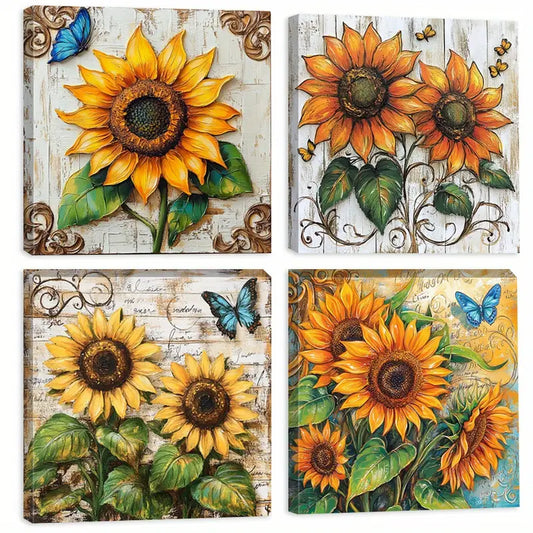 4pcs Square Wall Art, Sunflower Squar  Wall Art Canvas Framed