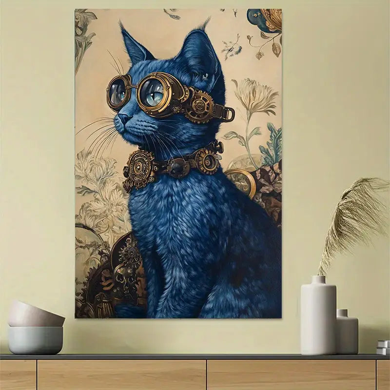 Steampunk Blue Cat with Goggles Art Poster 40x60cm Metal Print Ready to Hang