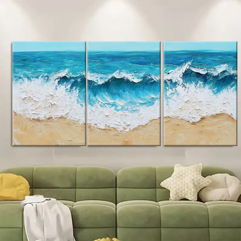 3pcs Oil Painting Beach Wall Art Impasto Painting Metal Print Ready to Hang Art