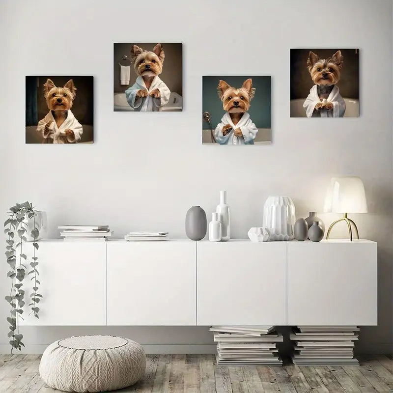 4pcs Yorkie Terrier In Pajamas & Bathrob Wall Art Canvas Framed
