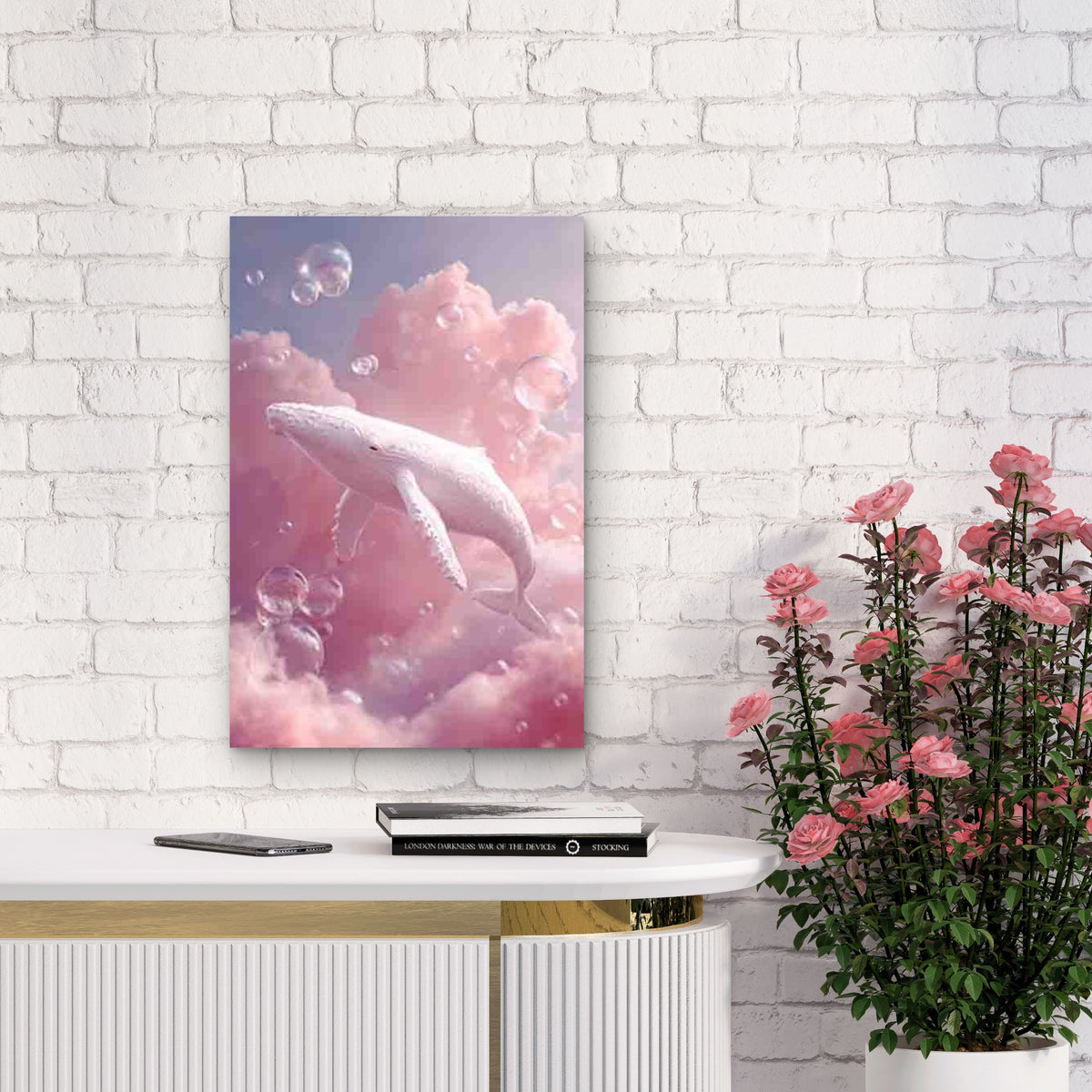 Whimsical Whale Among Pink Clouds Metal Print Ready to Hang