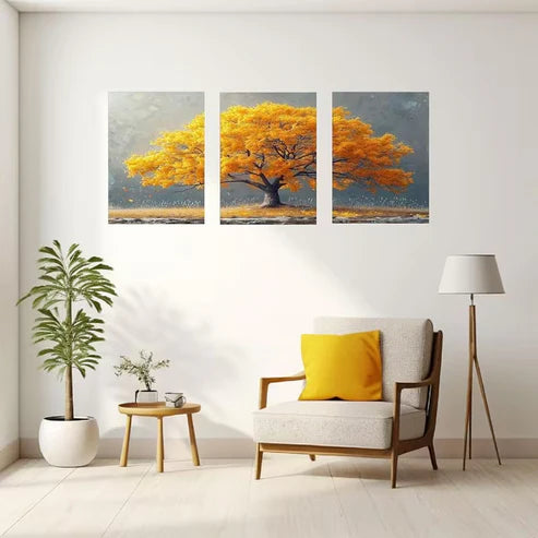 3pcs Modern Yellow Tree Meadow Painting Wall Art Set Canvas Framed 50x70cm - High Quality Print 100% Australian Made Wall Canvas Ready to Hang