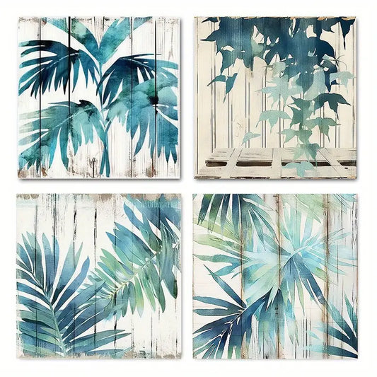 4pcsBotanical Abstract Vintage Palm Leaf  Wall Art Canvas Framed