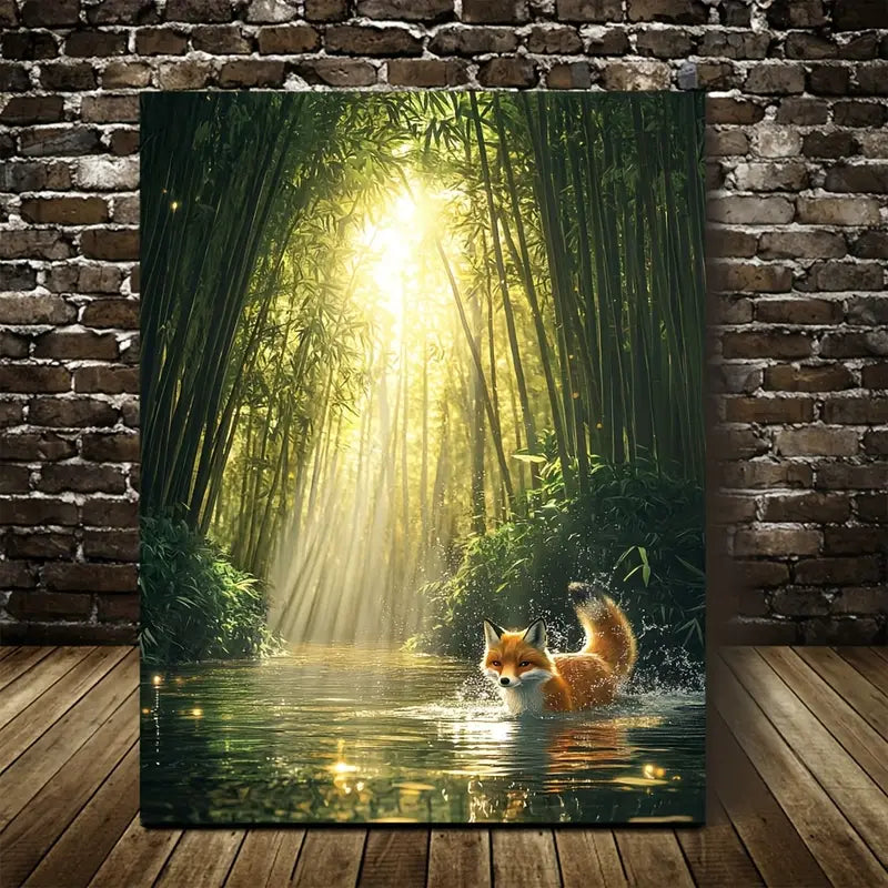 Enchanting Fox Splashing in Bamboo Grove 40x60cm Metal Print Ready to Hang