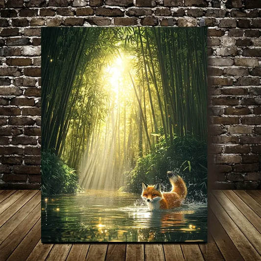 Enchanting Fox Splashing in Bamboo Grove 40x60cm Metal Print Ready to Hang