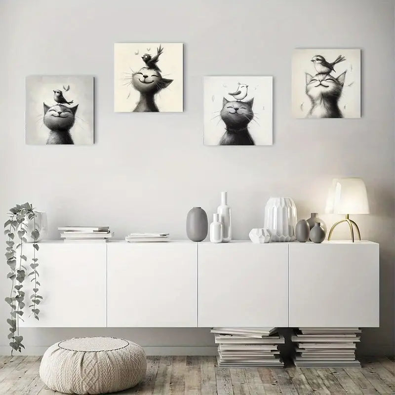 4pcs Modern Elegant Cat & Bird Wall Art Canvas Framed