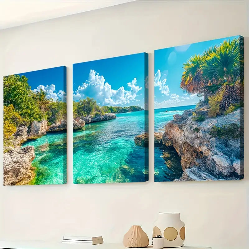 3pcs Coastal Lagoon Turquoise Water Wall Art Set Canvas Framed 60x90cm - High Quality Print 100% Australian Made Wall Canvas Ready to Hang