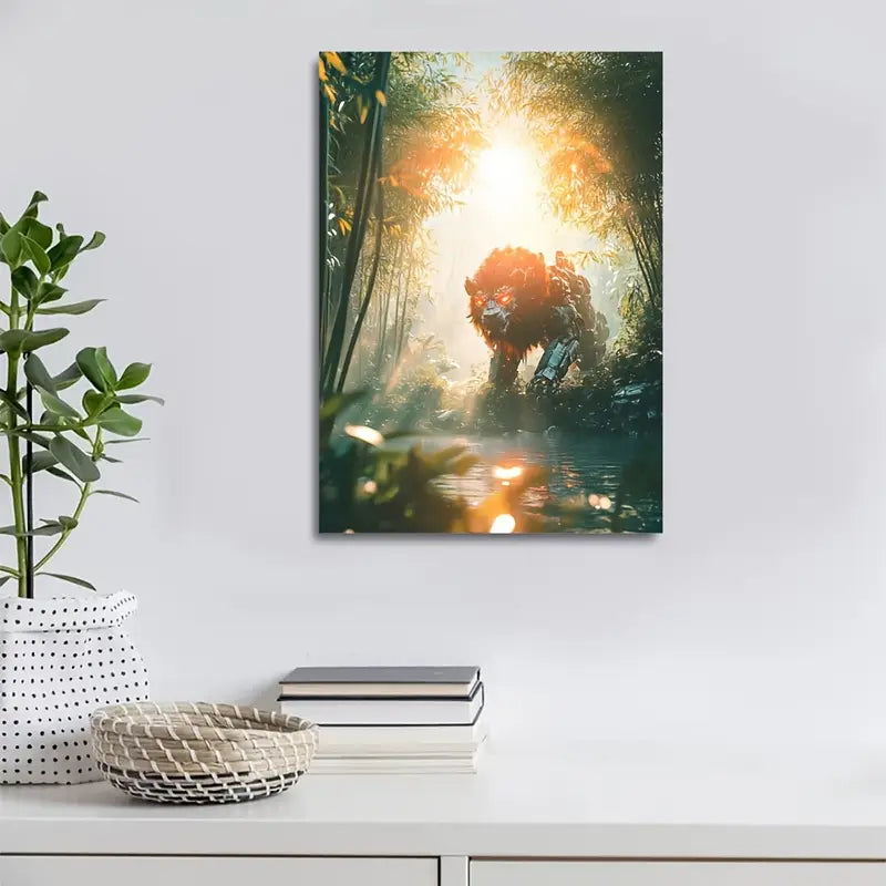 Cyberpunk Lion in Bamboo Grove Mystical Aura 40x60cm Metal Print Ready to Hang
