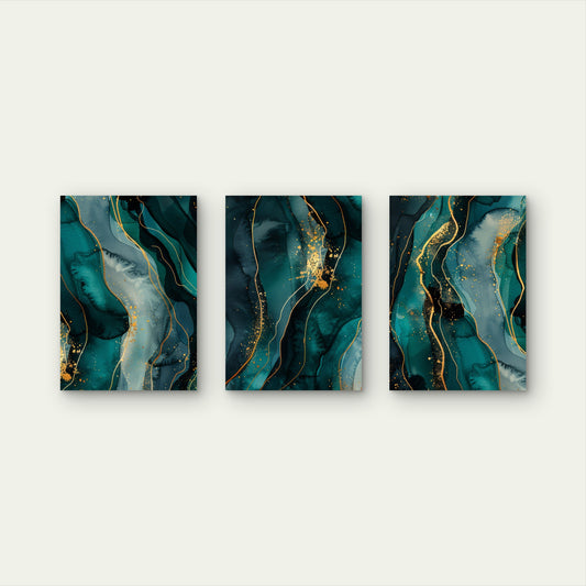 3pcs Abstract Emerald Gold Marble Painting Wall Art Set Canvas Framed 50x70cm - High Quality Print 100% Australian Made Wall Canvas Ready to Hang