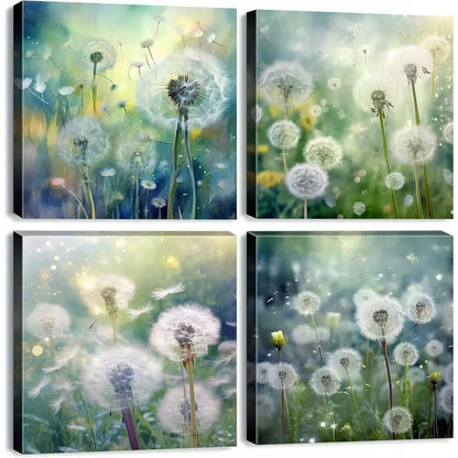 4pcs White Dandelion Flower Wall Art Canvas Framed
