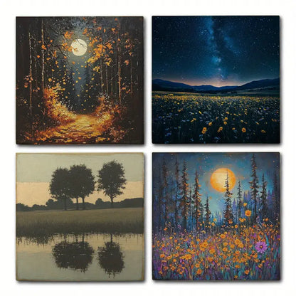 4pcs Moon Light In Forest Pine Trees Wall Art Canvas Framed