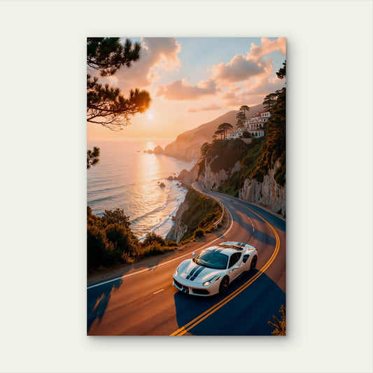 Car on the Scenic Coastal Road 40x60cm Metal Print Ready to Hang