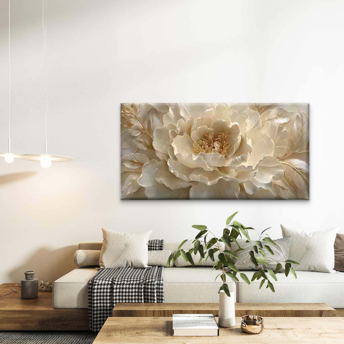 Elegant Beige Peony Blossom Wall Art Canvas Office Home Room Framed 120x60cm