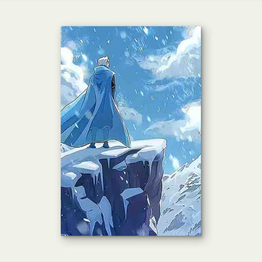 Figure in a Blue Cloak Standing on a Cliff 60x90cm Metal Print Ready to Hang - Bella Home Decor