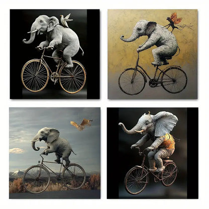 4pcs Whimsical Elephant On Bicycle  Wall Art Canvas Framed
