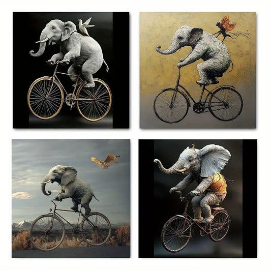 4pcs Whimsical Elephant On Bicycle  Wall Art Canvas Framed