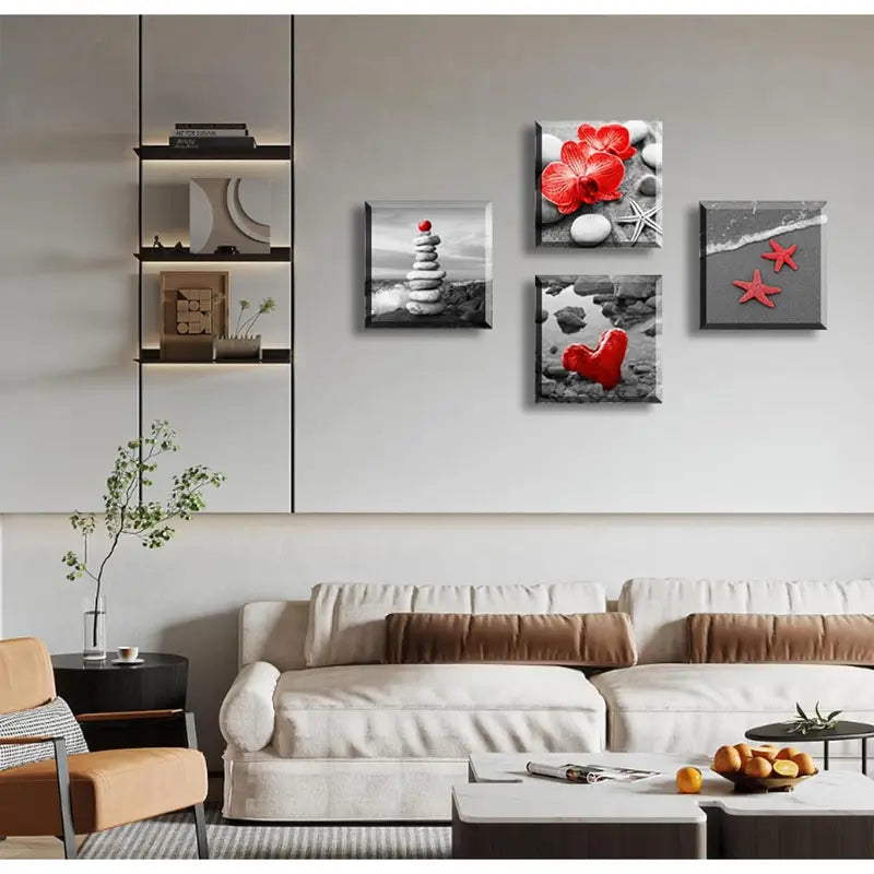 4pcs Red Beach Canvas Wall Art Wall Art Canvas Framed