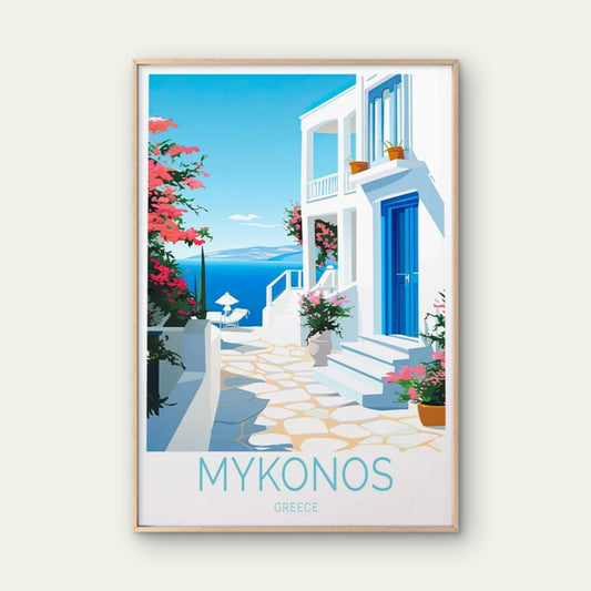 Mykonos Greece, Beach Font & Flowers Art Travel Poster Print Wall Art