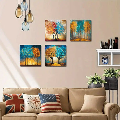 4pcs  Abstract Tree Teal Blue and Yellow Tree E    Wall Art Canvas Framed