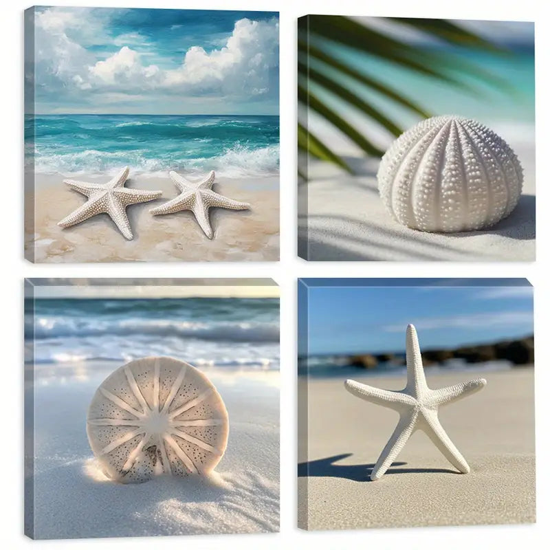 4pcs Sea Shells & Starfish Canvas Art Prints  Wall Art Canvas Framed