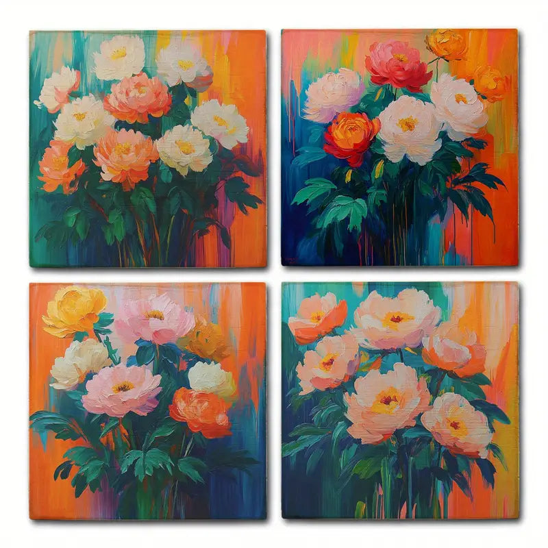 4pcs Soft Pink Flower Bouquet  Wall Art Canvas Framed