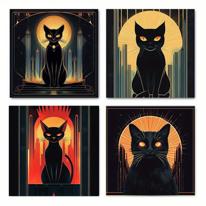 4pcs Vintage Abstract Black Cat Canvas Wall Art Canvas Framed