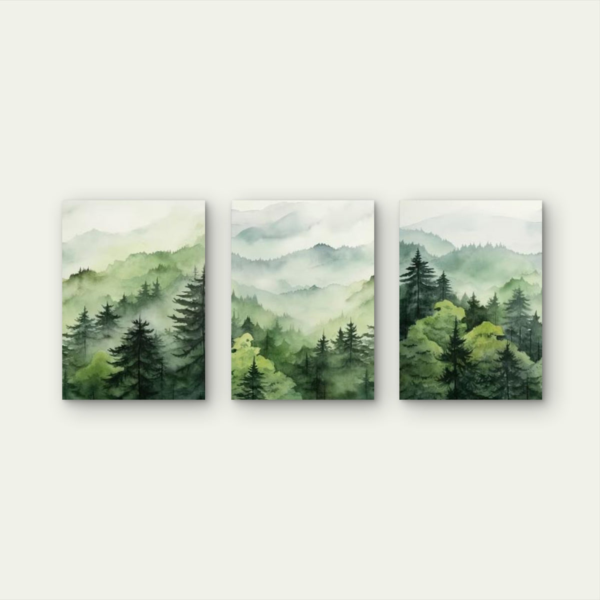 3pcs Misty Green Forest Watercolor Mountain Wall Art Set Canvas Framed 50x70cm - High Quality Print 100% Australian Made Wall Canvas Ready to Hang