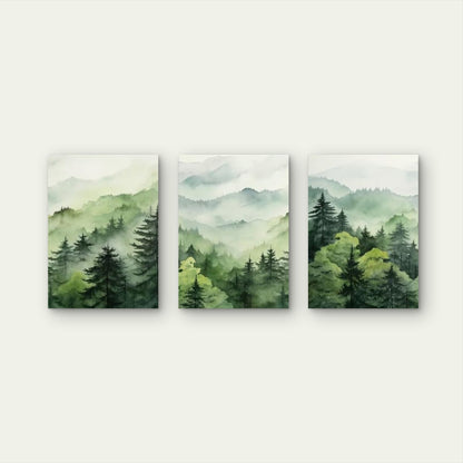 3pcs Misty Green Forest Watercolor Mountain Wall Art Set Canvas Framed 50x70cm - High Quality Print 100% Australian Made Wall Canvas Ready to Hang