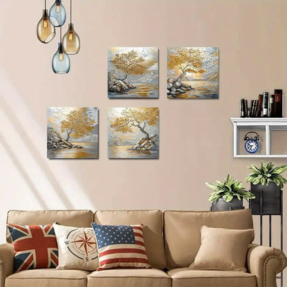 4pcs  Vintage Golden Tree GT    Wall Art Canvas Framed