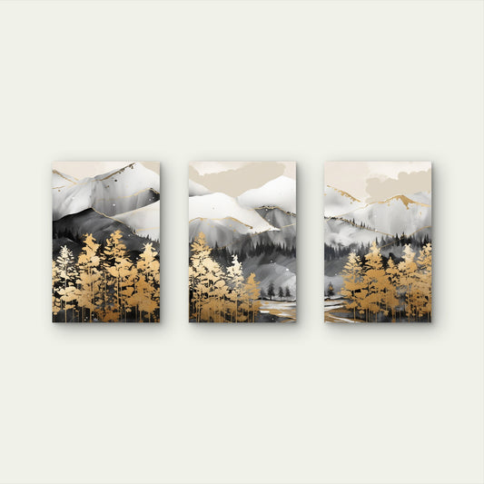 3pcs Gold Pine Tree Black White Mountain Forest Wall Art Set Canvas Framed 50x70cm - High Quality Print 100% Australian Made Wall Canvas Ready to Hang