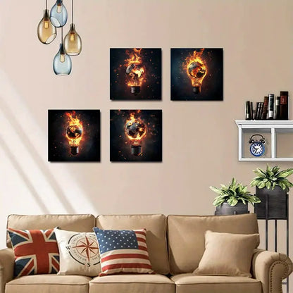 4pcs  Flaming Earth in Light Bulb Design a    Wall Art Canvas Framed