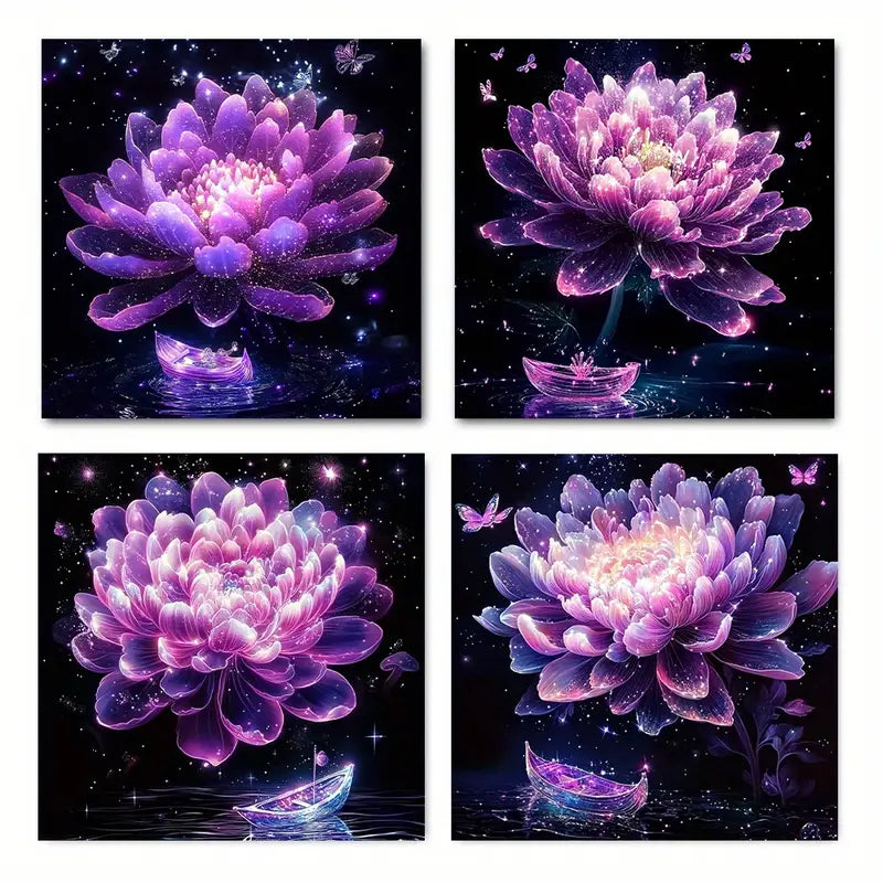 4pcs Purple Lotus Flower Wall Art Canvas Framed